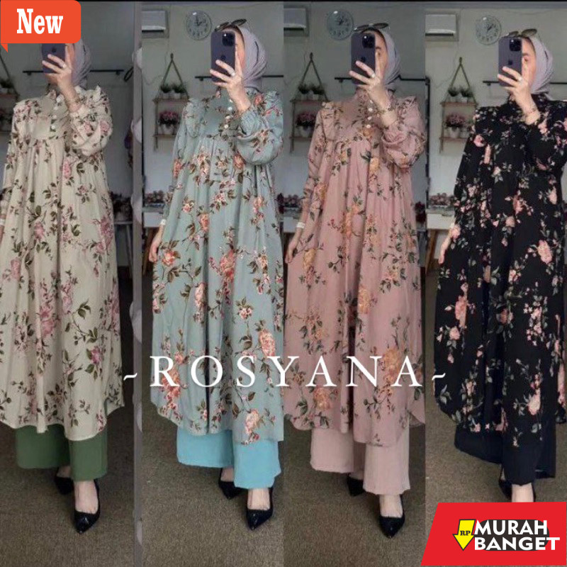 baju lebaran ala Timur Tengah- Setelan Long Tunik  Motif Bunga Jasmine Kecil Bahan Rayon Diamond Cel