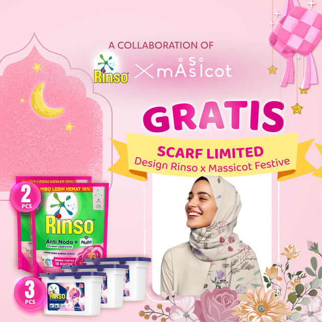 Beli 3 Rinso Capsule Sakura + 2 Rinso Anti Noda Rose Fresh 1.65L FREE Scarf Limited Design Rinso x Massicot Festive 2024
