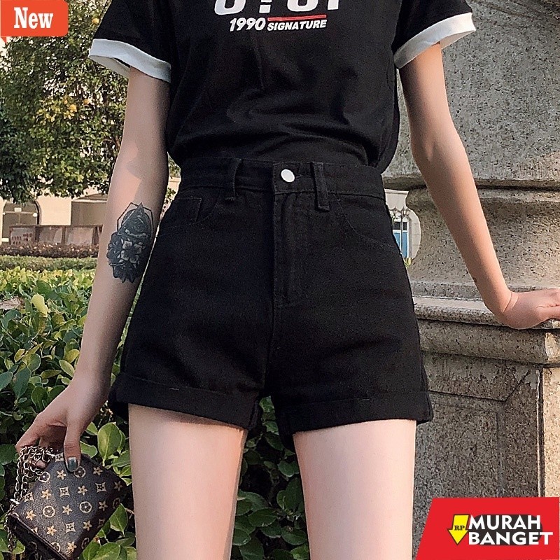 Celana pendek denim wanita- Celana Pendek Hitam Denim Kaki Lebar Pinggang Tinggi Wanita Korea