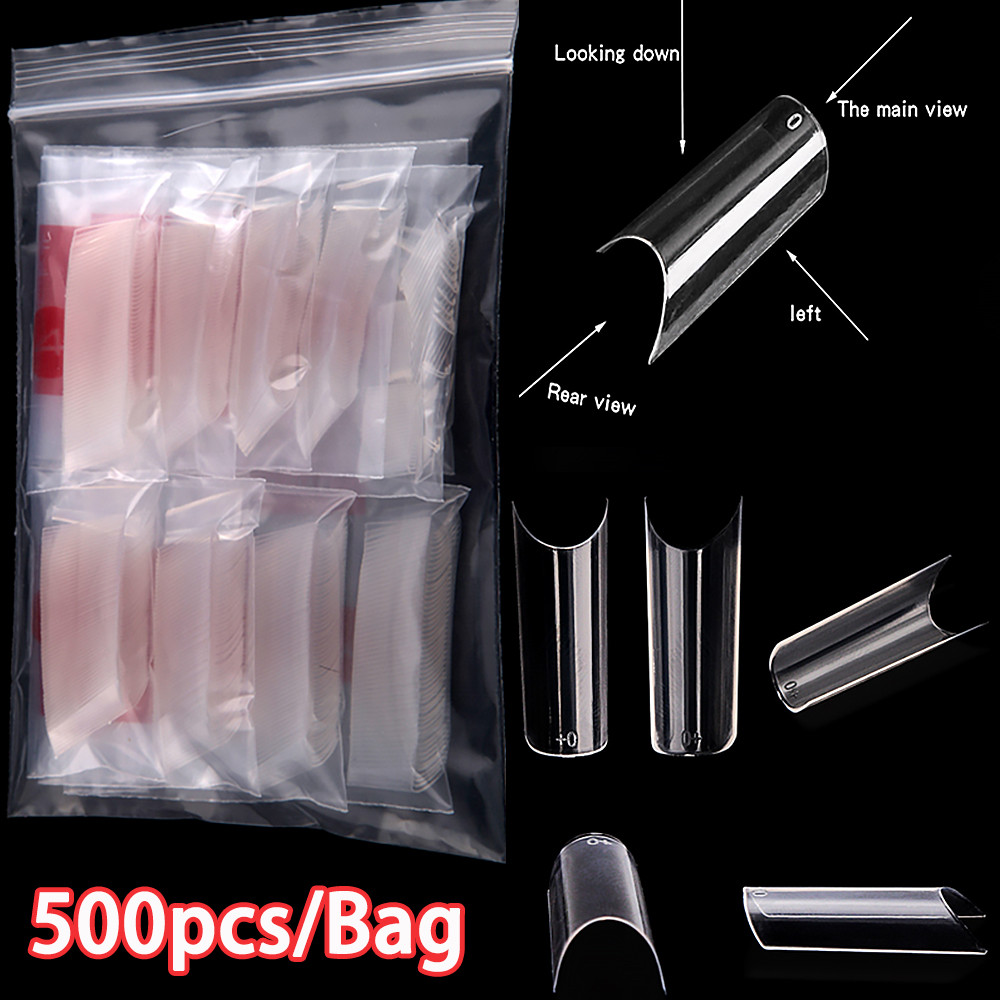 500/550pcs Water Pipe Square Shape Tips For Acrylic False Nail,XL Clear/Nature Half Cover False Nail