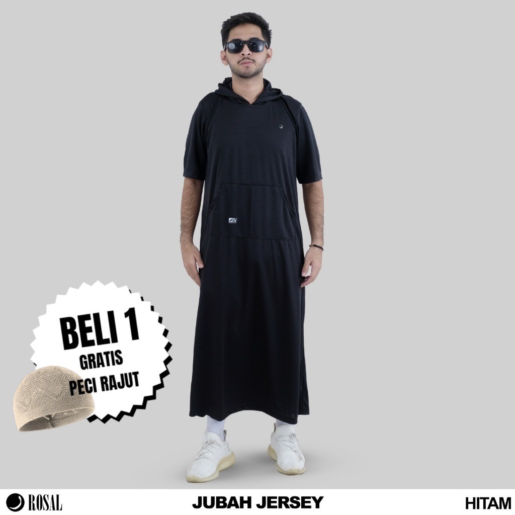 Rosal Jubah Jersey Hoodie Kupluk Lengan Pendek Warna Hitam Dongker Coklat Hijau Maroon Abu Bahan Mat