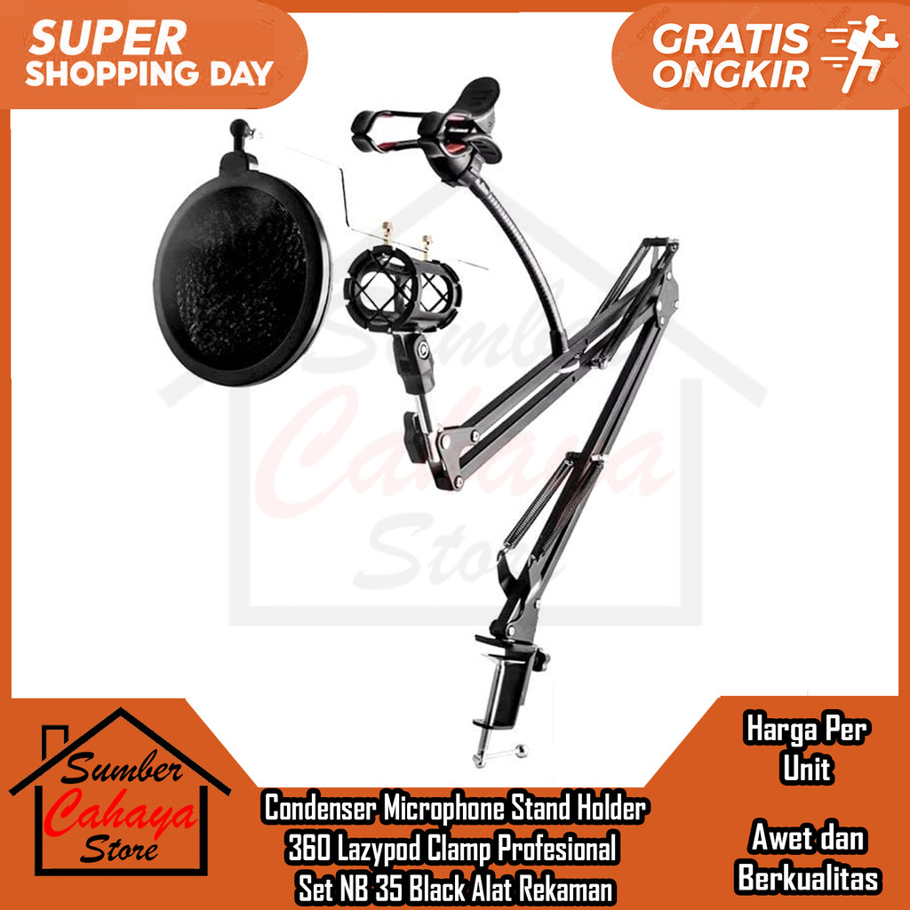 Condenser Microphone Stand Holder 360 Lazypod Clamp Profesional Set NB 35 Black Alat Bantu Rekaman P