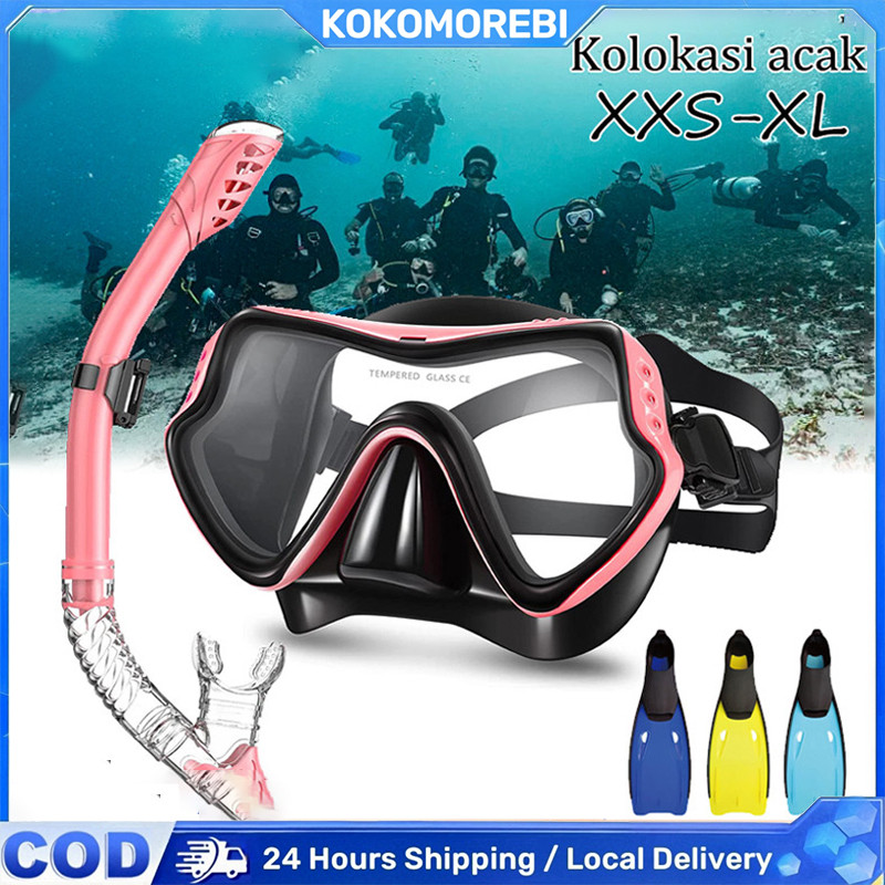 Kacamata Selam + Set Selang Snorkel Selam Masker Anti-kabut Kaca Temper Dewasa Snorkeling Scuba Divi