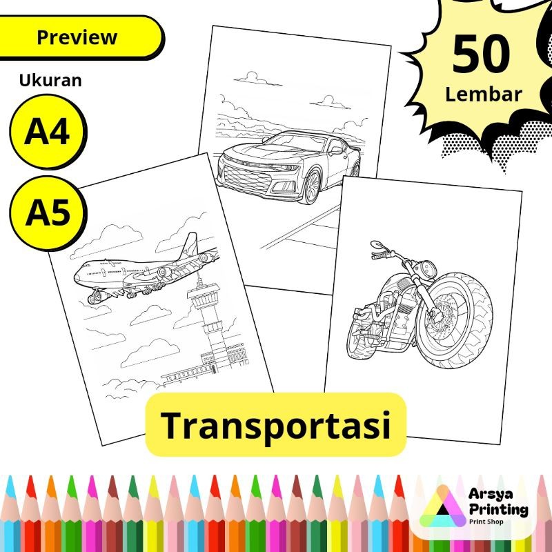 

50 Lembar Kertas Mewarnai Anak Lucu Tema Transportasi Kendaraan Mobil Motor Roket Alat Berat Ukuran A4 A5