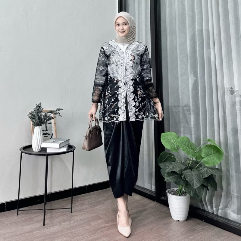 Setelan pakaian wanita atasan outer brukat mix tulle set bawahan rok lilit viscose renda baju kondan