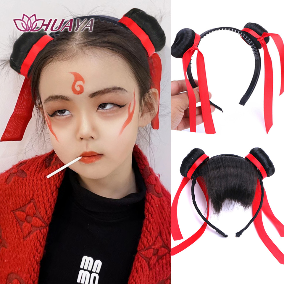 Synthetic Cosplay Nezha Hair Bun Children Festival Party Headwear Headband Wig China TV Role Nezha C