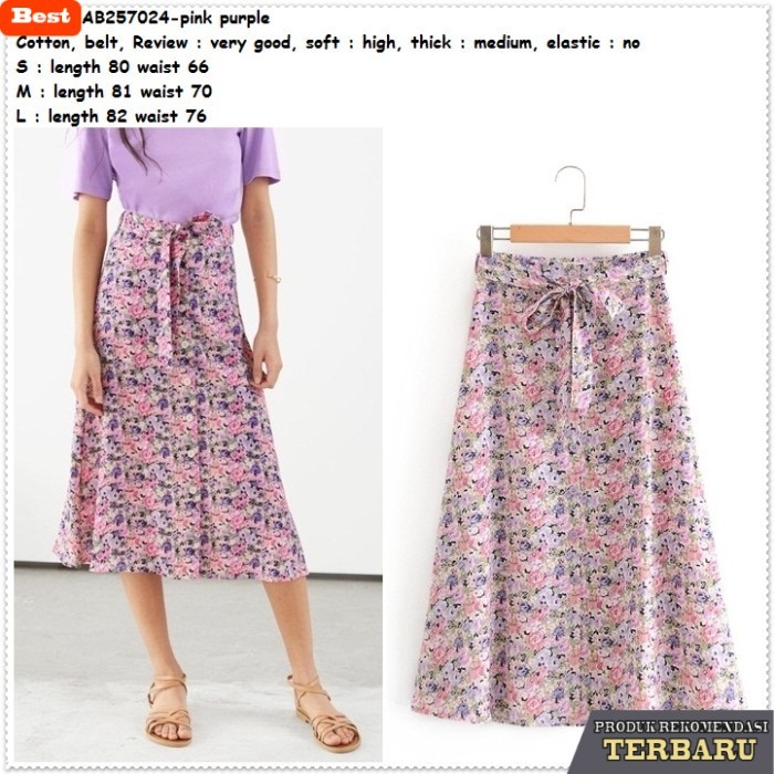 rok wanita kekinian AB257024 Rok Panjang Midi Skirt Bunga Wanita Korea Import Pink Ungu