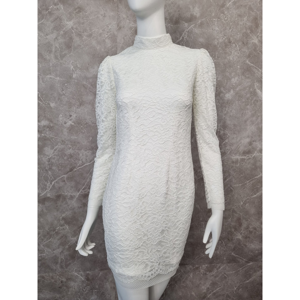 [DR136] - Midi Dress Wanita Body Fit Leher Shanghai Lengan Panjang Bahan Brokat Putih