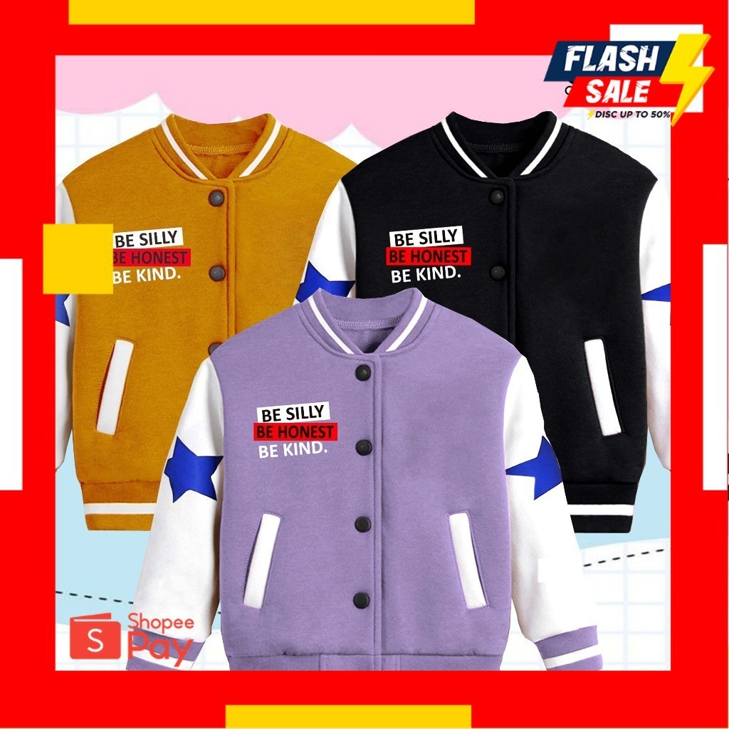 SALE 12.12 | Jacket Anak Laki-laki & Perempuan Umur 3-12 Tahun Model Baseball Varsity Warna Hitam Un