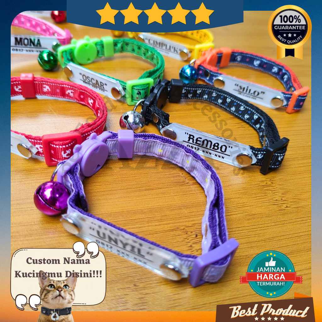 Kalung Kucing Custom Nama Motif Jangkar Gesper Bentuk Kepala Kucing Lonceng Warna Warni Bulat 14mm