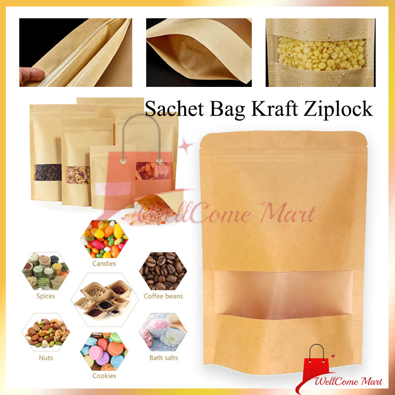 Sachet Bag Kraft Ziplock / Standing Pouch Window Kraft / Standing Pouch Craft Windows Warna Coklat