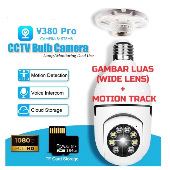 CCTV Lampu V380 Pro 8MP Kamera Panorama Wifi Bohlam 360 PTZ Bola Lampu Piting / Memory Card VGEN CLA