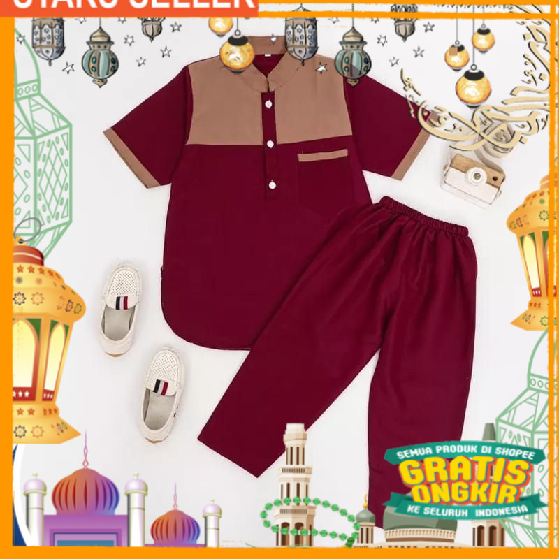 Setelan Baju Koko Anak Laki Laki / Setelan Anak Kurta Laki Laki 1-10 Tahun/ Pink Dusty Fanta Merah m