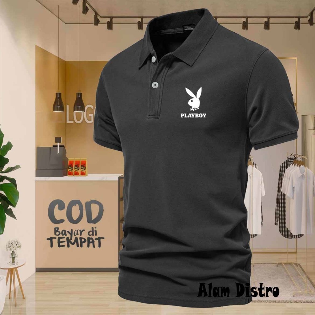 T-Shirt POLO kerah Playboy Text Putih Quality Kaos Kerah Dewasa Shirt / Kaos Wangki Pria Polo
