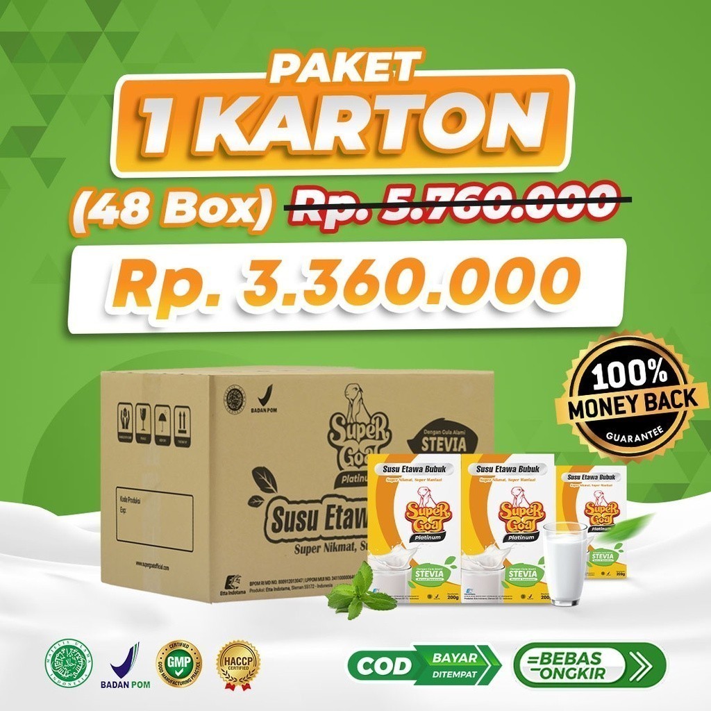 

Super goat Susu Kambing Etawa Bubuk Platinum Stevia Minuman Serbuk Milk Powder Mencegah Diabetes Vitamin Daya Tahan Tubun Isi 48 Box