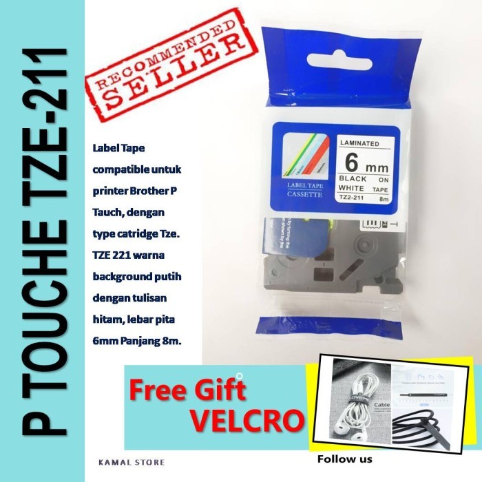 

TZE 211 P Touch tape label PUTIH 6mm compatible BROTHER
