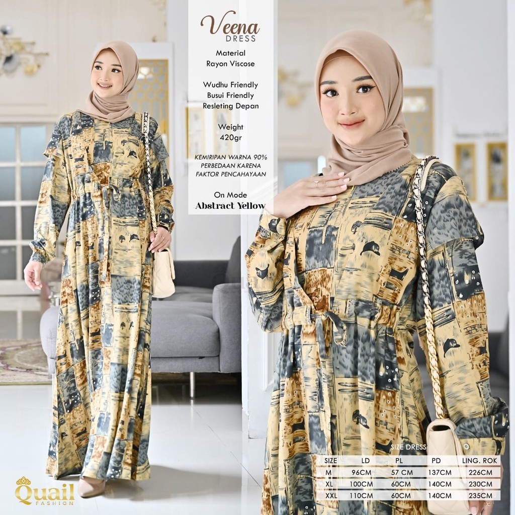 Veena Dress Wanita By Quail hijab Wanita Rayon Viscose Wudhu Busui Resleting Depan Dress Quail Veena