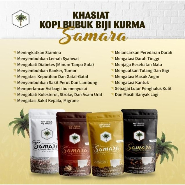 

PAKET USAHA KOPI BUBUK BIJI KURMA SAMARA 10 PCS BONUS KOPI ARABICA & ROBUSTA Lebih Murah Untuk Agen