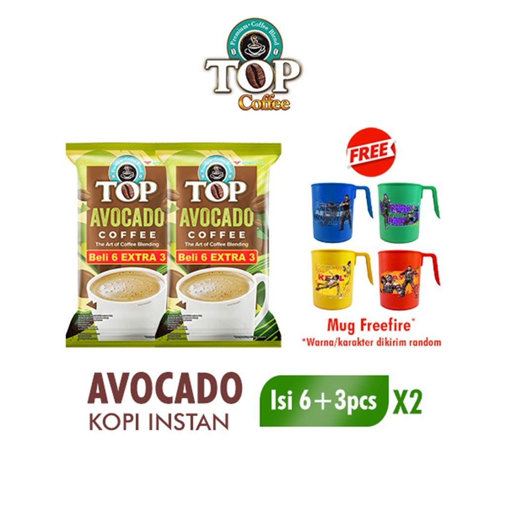 Top Coffee Kopi Instan Avocado 22 gr isi 6 + 3 pcs x2 Free Mug Free Fire