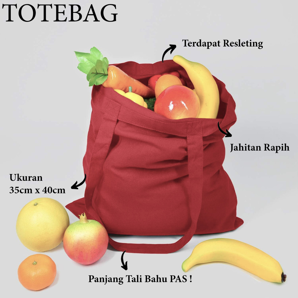 Tas Tote Bag Totebag Resleting Merah Maroon Polos Tas Totebag Pria Wanita Bahan Drill Halus Ukuran 3