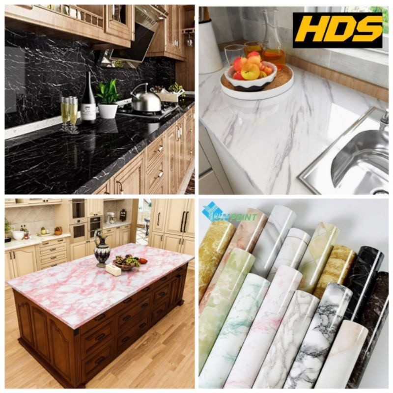 Wallpaper dapur anti minyak dan panas motif marmer glossy polos dan stiker serat kayu / Walpaper / W