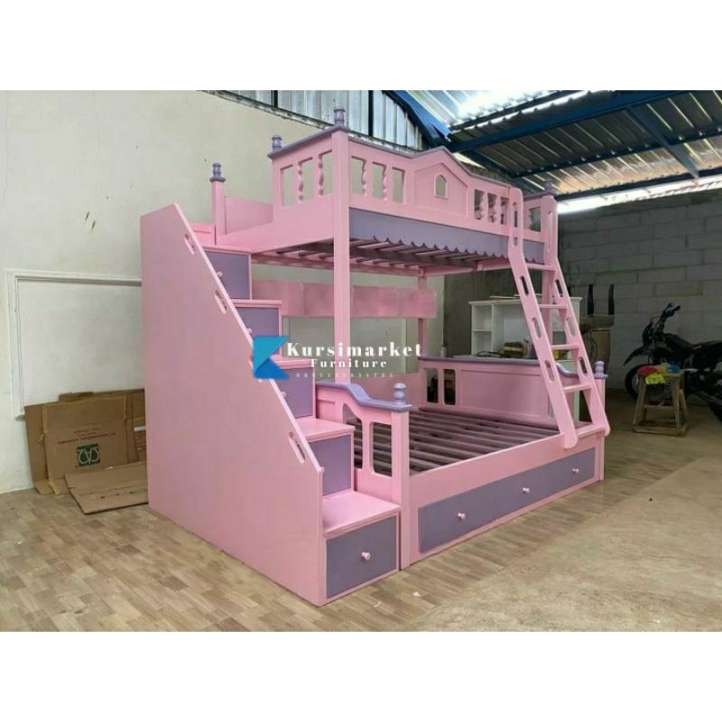 Ranjang tidur tingkat pink anak prempuan tempat tidur tingkat prosotan dipan tingkat pink murah