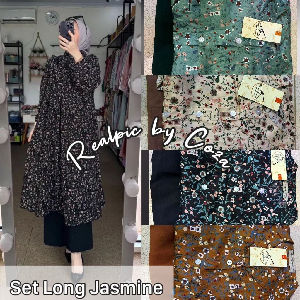 PROMO Setelan Long Tunik Indriya Motif Bunga Jasmine Kecil Bahan Rayon Diamond Celana Cringkel by Co