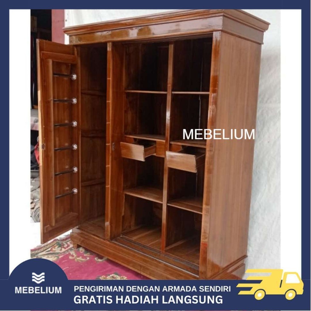 [Jabodetabek] Lemari Pakaian / Baju Sliding Rak Hijab 3 Pintu Dengan 2 Rak 1 Gantung Bahan Full Kayu