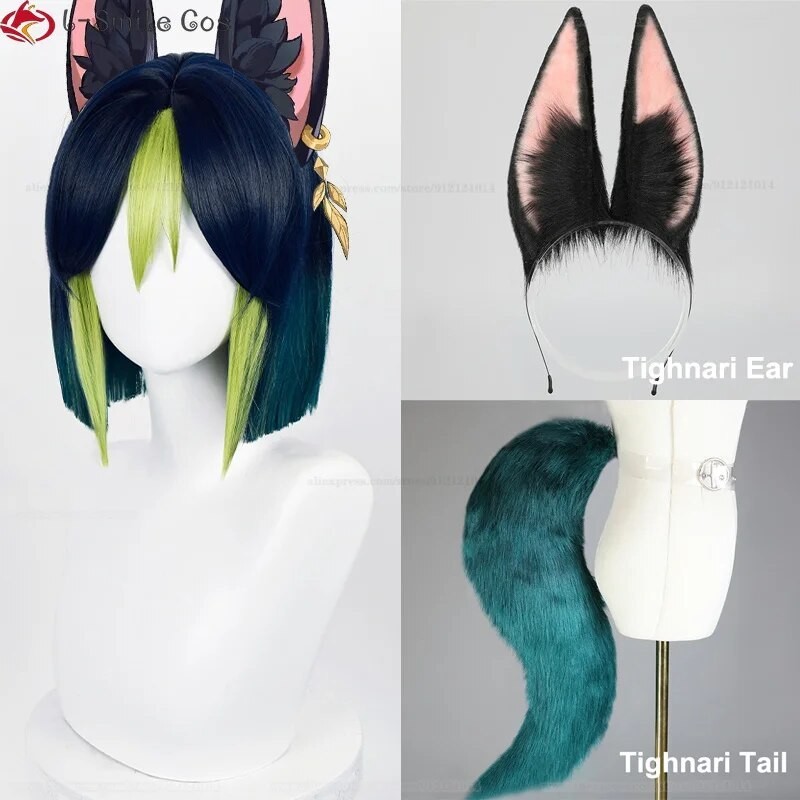 Wig Cosplay Game sumru Tighnari 30cm, Wig pesta Halloween rambut sintetik tahan panas pendek + topi 