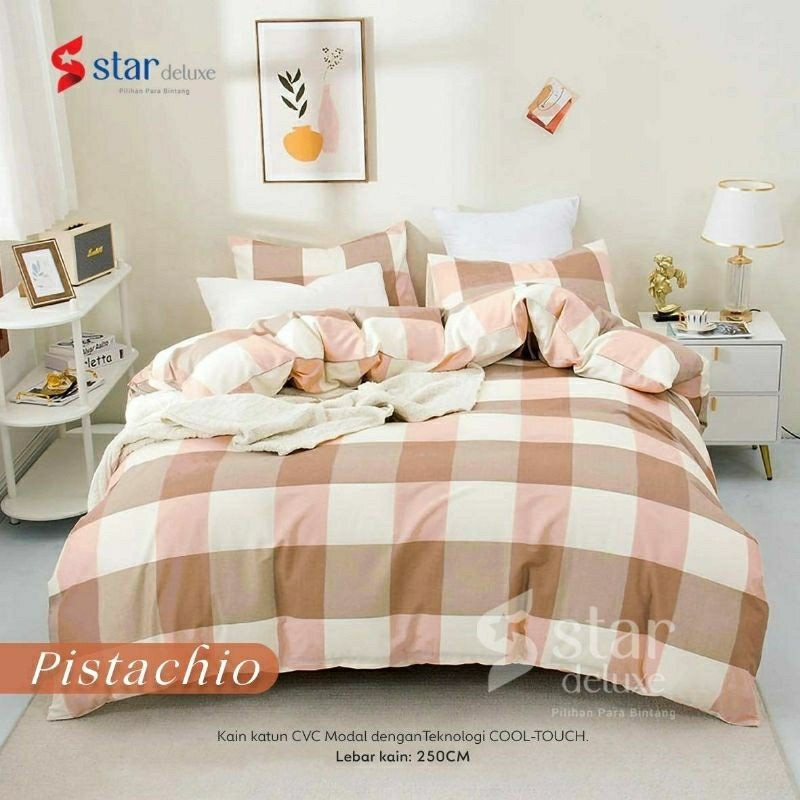 Bedcover + sprei anti geser katun star motif PISTACHIO pink