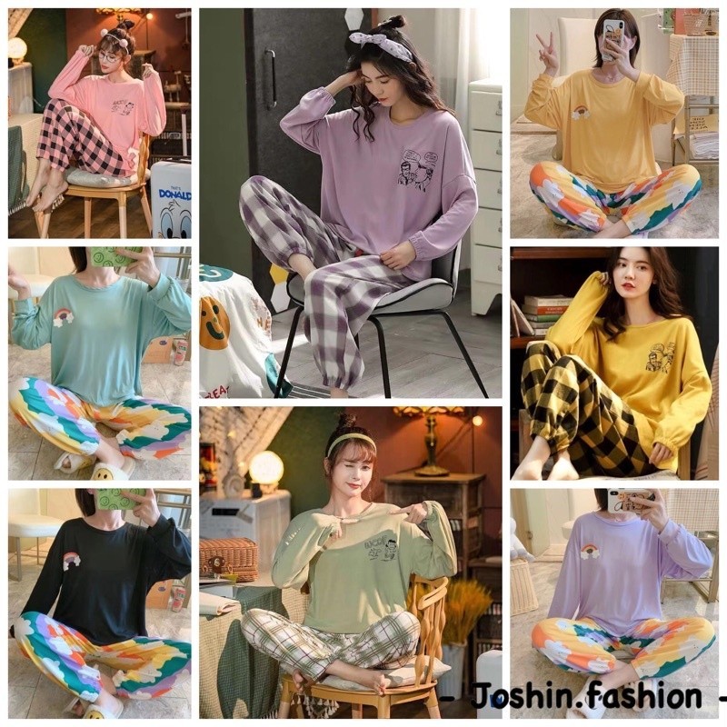 SETELAN SETCEL ONE SET PIYAMA BAJU KAOS TIDUR WANITA DEWASA PP SPANDEK IMPORT LENGAN PANJANG CELANA 