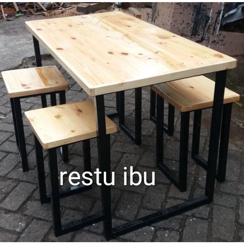 meja makan kaki besi hollo papan kayu jati belanda