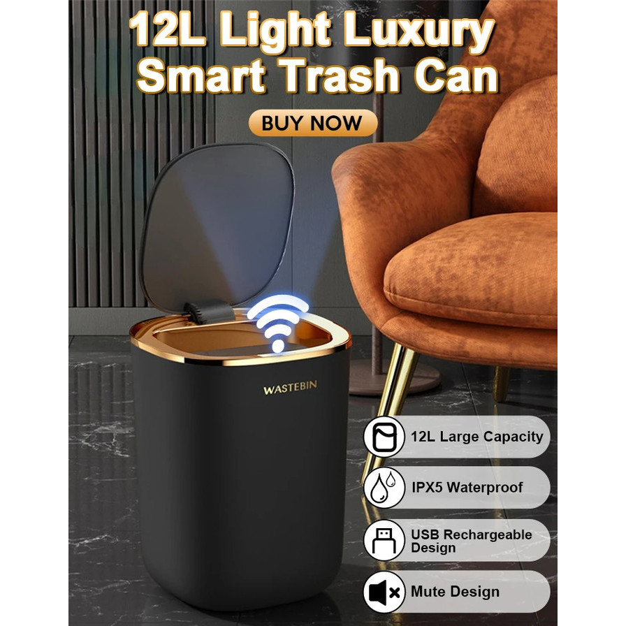 JAYPS Tempat Sampah Pintar Sensor Smart Dustbin Battery Power 12L - Hitam Gold