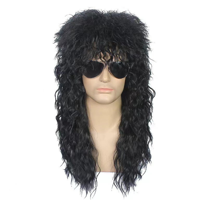 Wig Pria Eropa dan Amerika Rambut Keriting Panjang Punk Wig Masquerade Logam Berat Halloween