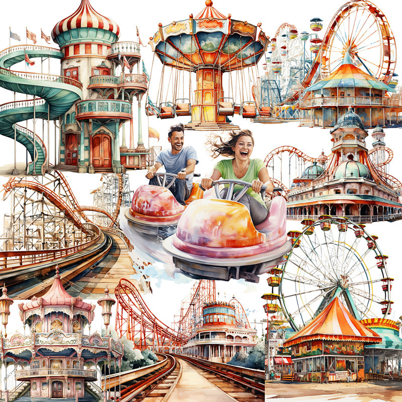 

12Pcs/Pack Amusement Park Roller Coaster Sticker DIY Craft Scrapbooking Album Junk Journal Decorative Stickers