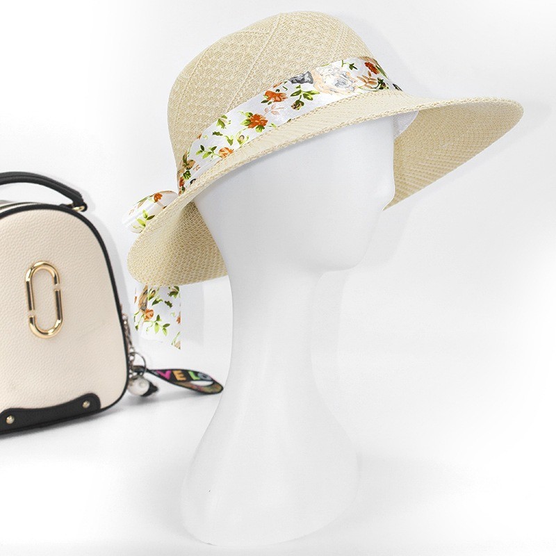 Topi Pantai Bunga Vintage Pita Polkadot  Topi Pantai Bulat Rajut Aksesoris Fashion Gaya Korea ACC