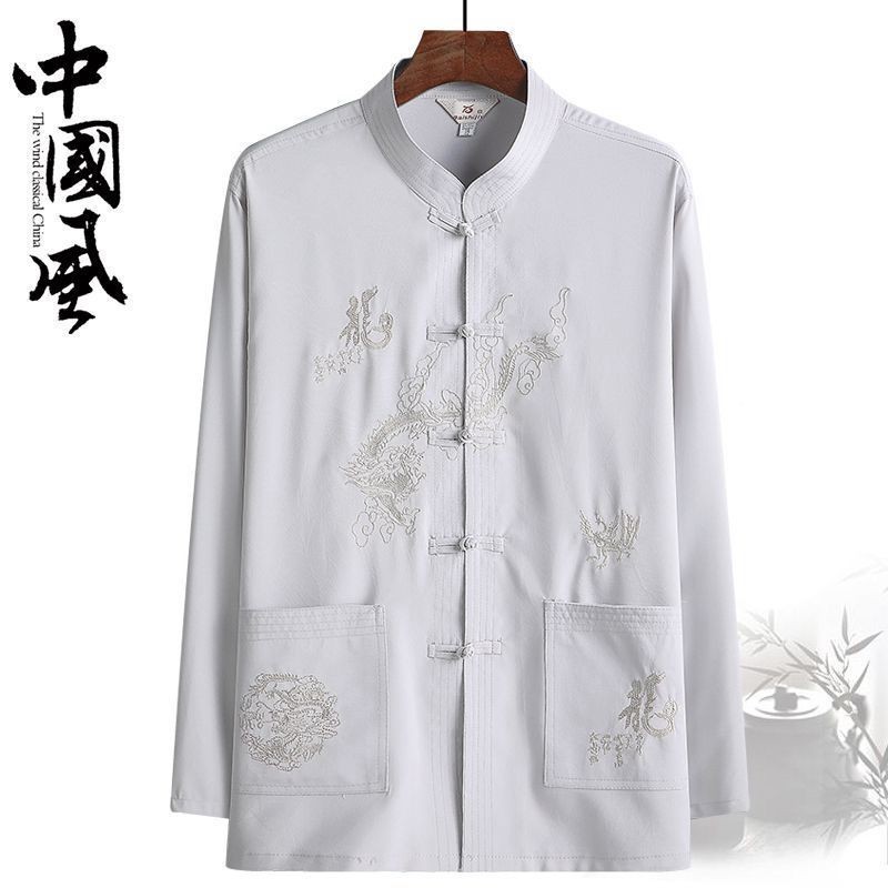 Setelan Tang pria paruh baya dan lansia Hanfu musim semi, musim panas dan musim gugur ayah kemeja be