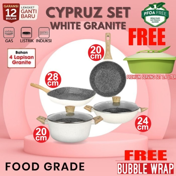Cypruz Set Cookware Pan Cyprus White Granite 4 pcs Panci Wajan Induksi