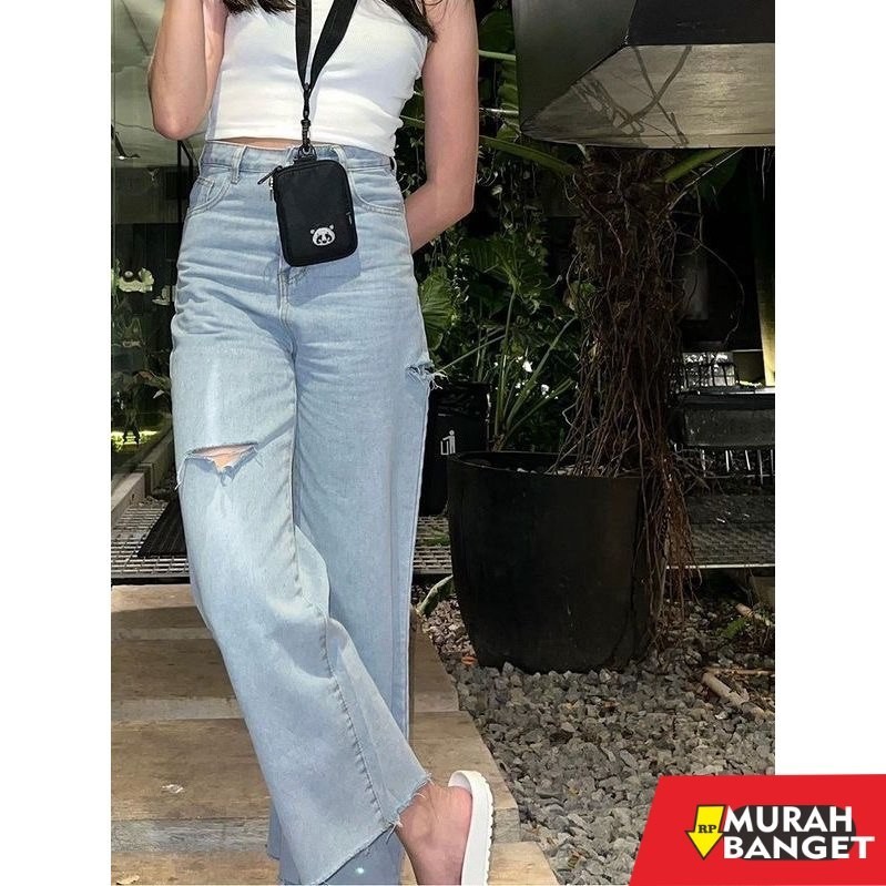 Celana Denim Wanita Terbaru- Highwast Kulot Jeans Wanita Sobek Lutut Paha Kaki Unfinised / Kulot Jea