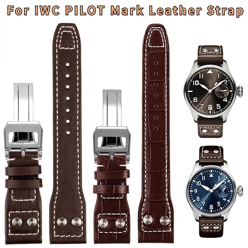 Jam Tangan Pria For IWC PILOT Mark cowhide Strap 21mm 22mm Genuine Leather Watch band Bamboo Grain Rivets Dark Brown Black Watchband Accessories