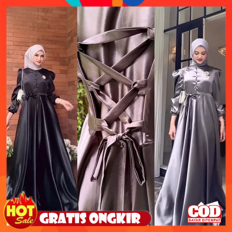 KAIN ADEM HALUS TEBAL / Aurelin Dress | Dress Silk Kondangan | Gamis Satin Kekinian | Dress Lengan B