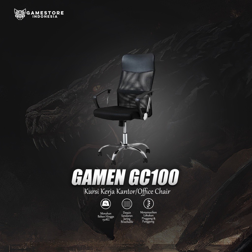 Gamen Kursi Kantor / Gaming Office Chair GC100 Tahan Berat 150 Kg Load bearing black Garansi 1 Tahun