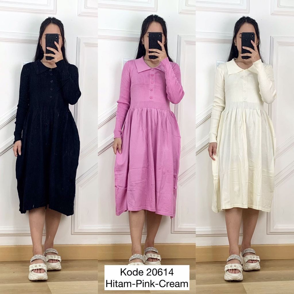 20614 DRESS RAJUT BODYCON MIX ROK LEBAR LENGAN PANJANG VARIASI KERAH ACC BUTTON MATI PREMIUM WANITA 