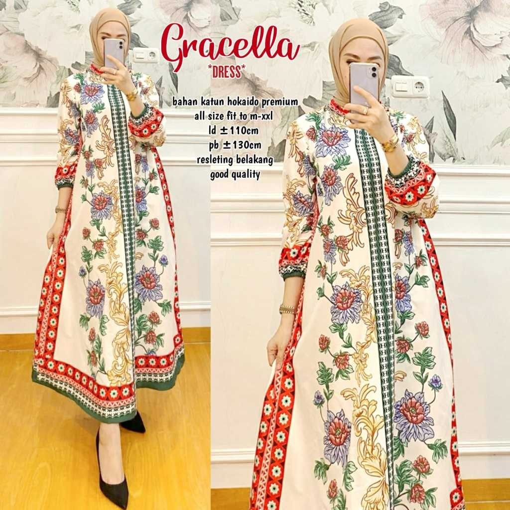 dress katun hokaido gracella gamis printing lebaran