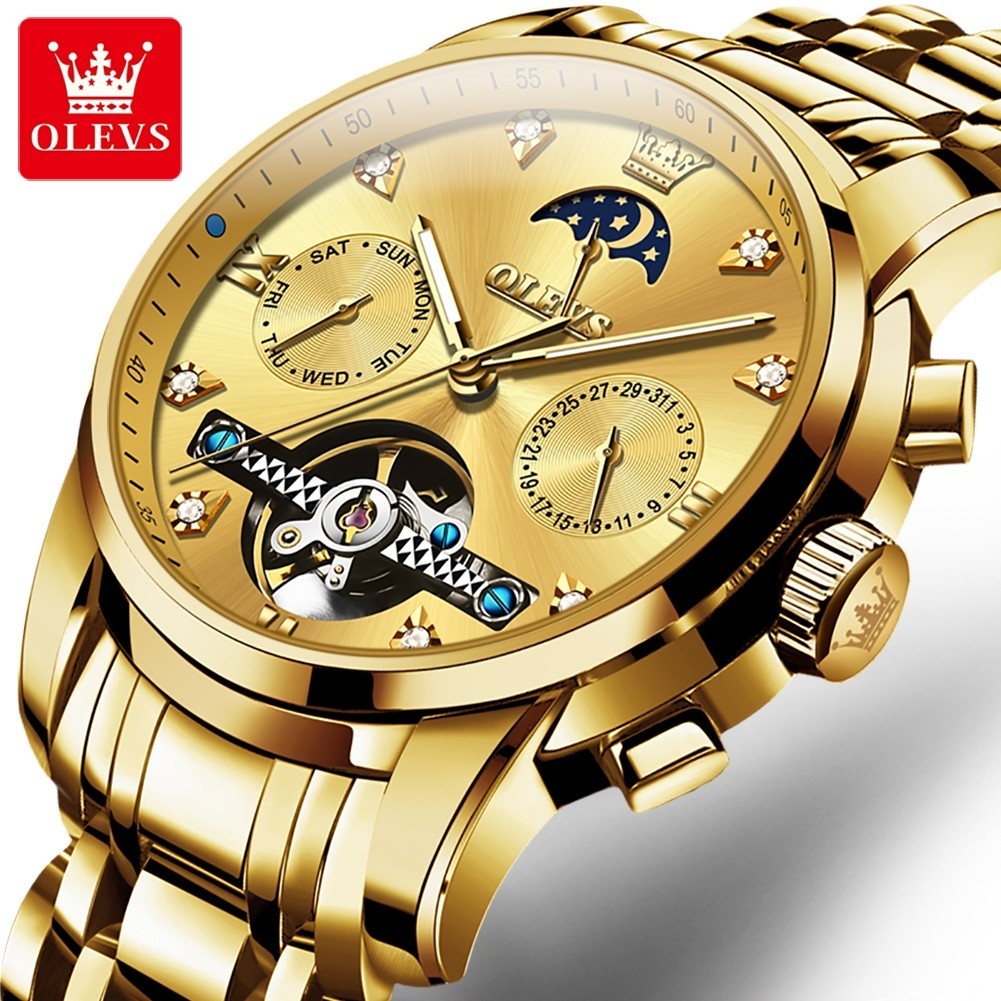 OLEVS Jam Tangan Mekanis 6678 Jam Tangan Otomatis Bisnis Arloji Analog Baja Tahan Karat Desain Tourb