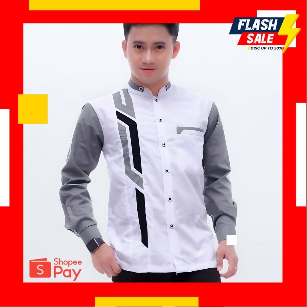 SALE 12.12 |  Baju Koko Pria Dewasa Lengan Panjang Motif Sinergi Terbaru Warna Putih Kombinasi Abu O
