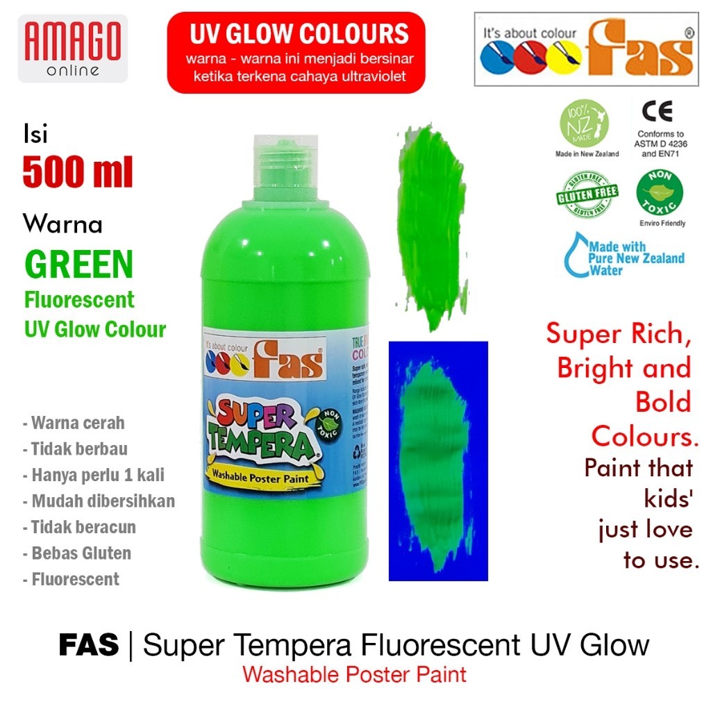 

Cat Poster Lukis UV FAS Super Tempera Fluorescent UV Glow Paint Washable - 500 ml - Green
