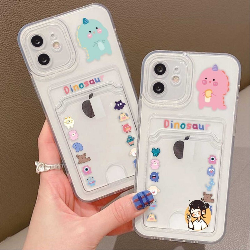 Case IPhone 15 Pro Max Softcase Slot Kartu Motif Dino Bening 14 Pro Max 14 15 Plus 13 Pro Max 12 Pro