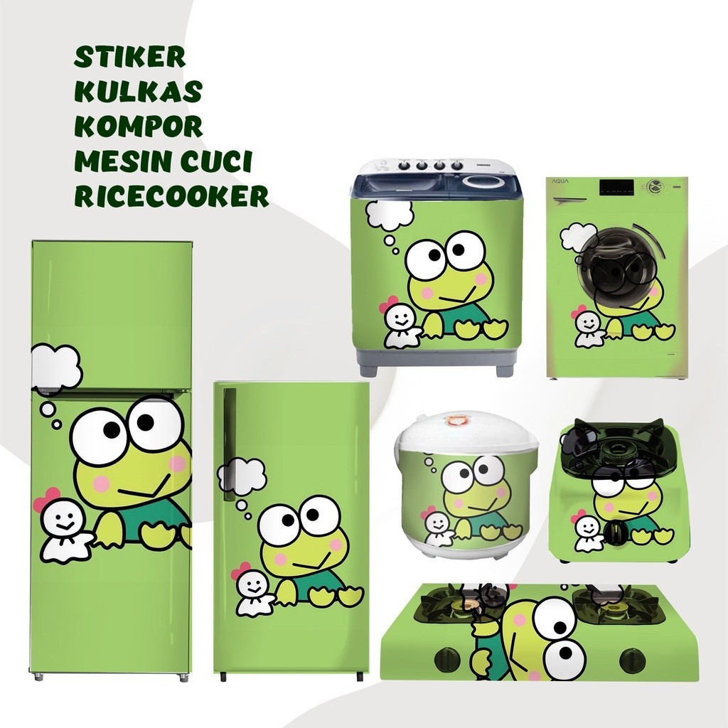 Sticker stiker kulkas 1 dan 2 pintu,kompor, magicom,mesin cuci Motif Keroppi kartu lucu Hijau Biru