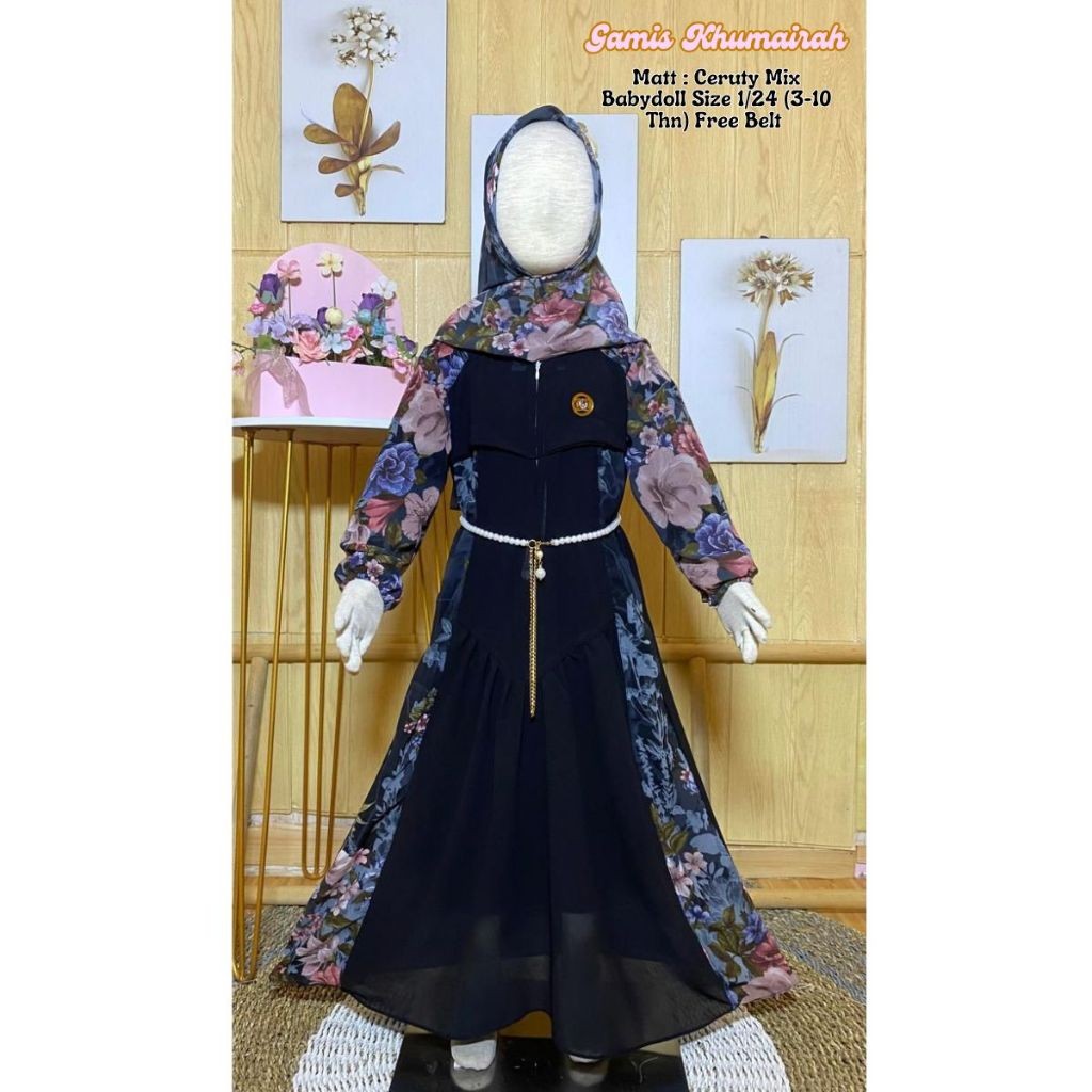 KXE4Y Gamis Humairah Ceruty Baby Doll Mix Brokat Free Hijab Usia 3-12 Tahun - Gamis Anak Rompi Motif